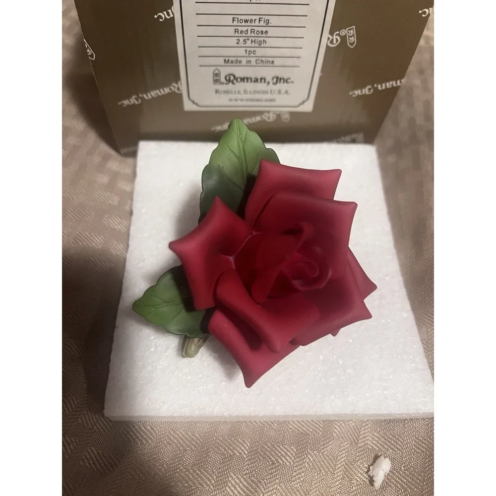 Rare ROMAN Inc. Flower Figurine Red ROSE Porcelain 3D in Box 3.25